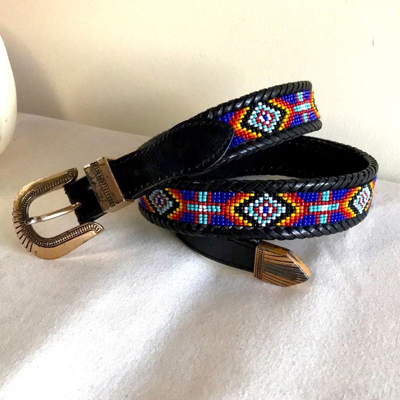 American Vintage Other - Beaded Western belt Sz 34 black leather whip stitch blue yellow red beaded